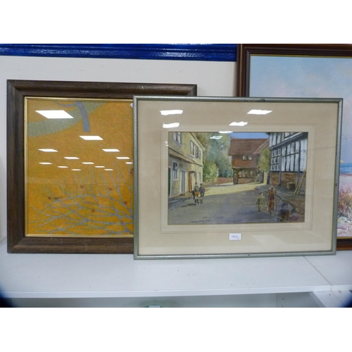 184A - Framed pastel of a street scene and an oak framed picture of a tree.