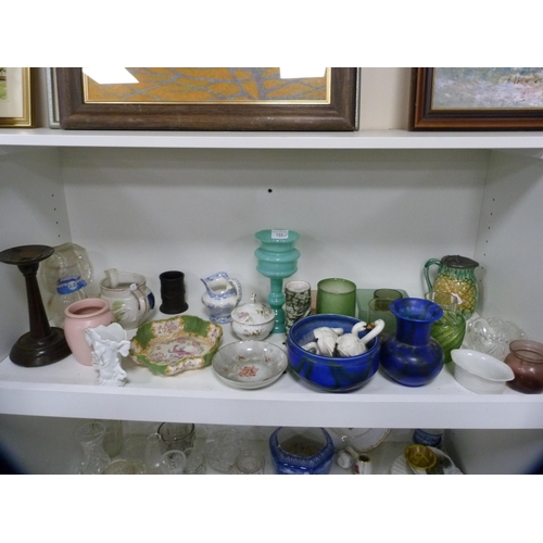 188 - Glass ribbed vase, Bretby vase and a similar bowl, swan ornaments, jug, candlestick, Victorian-style... 