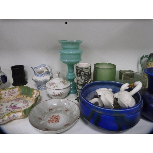 188 - Glass ribbed vase, Bretby vase and a similar bowl, swan ornaments, jug, candlestick, Victorian-style... 