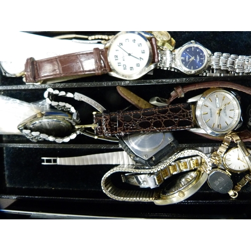 19 - Modern wristwatches, straps, costume jewellery, diecast car, pair of Miranda binoculars etc.