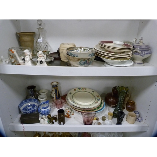 190 - Chinese-style vase stands, assorted dinnerwares to include Victorian tureen, glass decanter, plates,... 