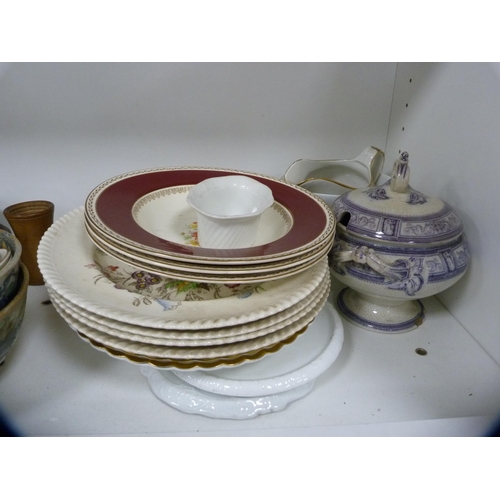 190 - Chinese-style vase stands, assorted dinnerwares to include Victorian tureen, glass decanter, plates,... 