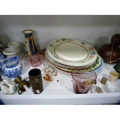 190 - Chinese-style vase stands, assorted dinnerwares to include Victorian tureen, glass decanter, plates,... 