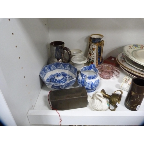 190 - Chinese-style vase stands, assorted dinnerwares to include Victorian tureen, glass decanter, plates,... 