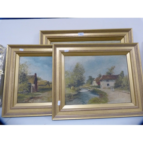 191 - Three oils on canvas in gilt frames to include a Dutch canal scene with windmill and two country sce... 