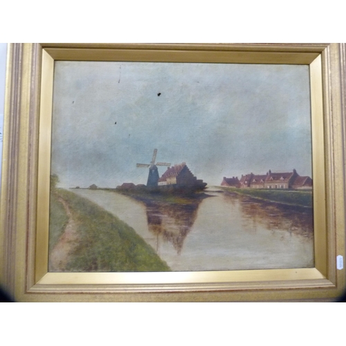 191 - Three oils on canvas in gilt frames to include a Dutch canal scene with windmill and two country sce... 