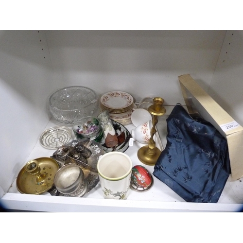 200 - Chinese silk fabric section with original box, plated ware, part tea set, ornaments, crystal bowl et... 