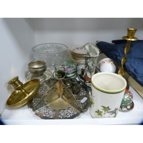 200 - Chinese silk fabric section with original box, plated ware, part tea set, ornaments, crystal bowl et... 