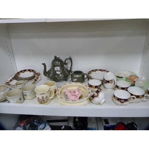 202 - Royal Doulton 'Bunnykins' items, pewter teapot and sugar bowl, Paragon part tea set, dish, cups and ... 