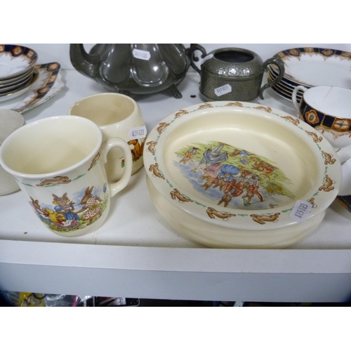 202 - Royal Doulton 'Bunnykins' items, pewter teapot and sugar bowl, Paragon part tea set, dish, cups and ... 