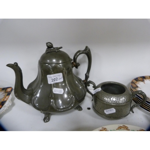 202 - Royal Doulton 'Bunnykins' items, pewter teapot and sugar bowl, Paragon part tea set, dish, cups and ... 