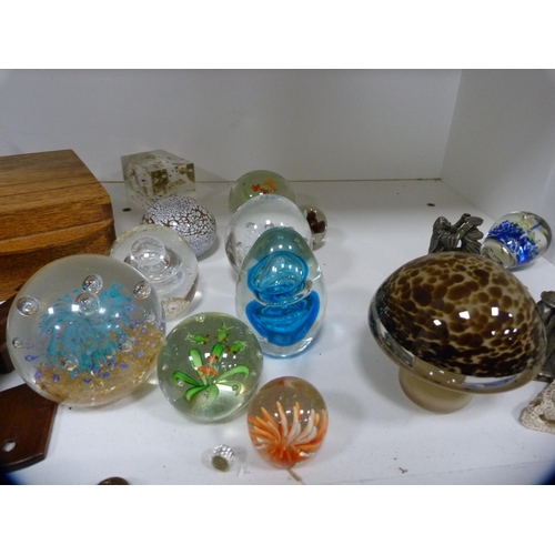 204 - Glass paperweights, inlaid box, brass ornaments, flat iron etc (one shelf).