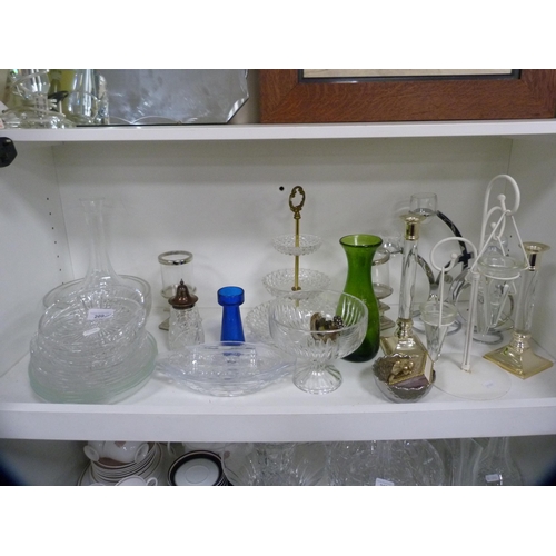 209 - Collection of glassware to include a decanter, coloured glass bottles, sweet stand etc (one shelf).