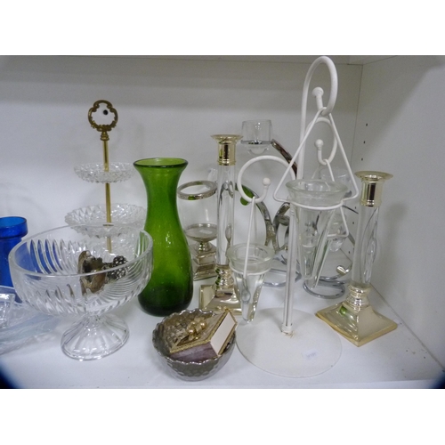 209 - Collection of glassware to include a decanter, coloured glass bottles, sweet stand etc (one shelf).