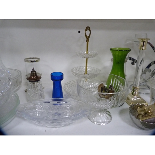 209 - Collection of glassware to include a decanter, coloured glass bottles, sweet stand etc (one shelf).