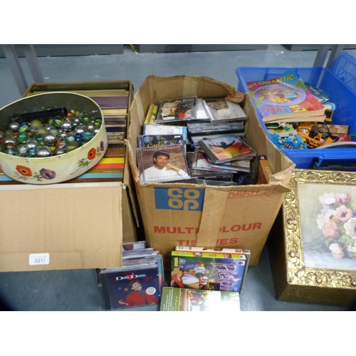 221 - Two cartons containing vinyl records, mainly classical and big band, marbles, brass slipper box, toy... 