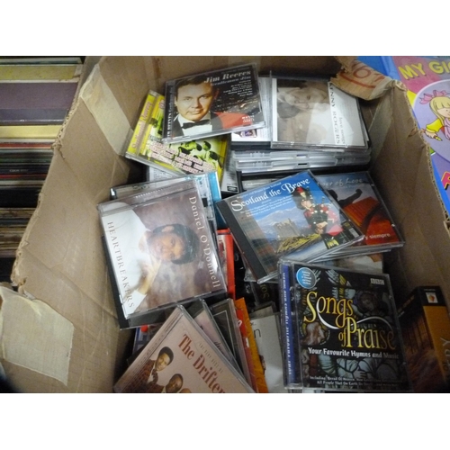 221 - Two cartons containing vinyl records, mainly classical and big band, marbles, brass slipper box, toy... 