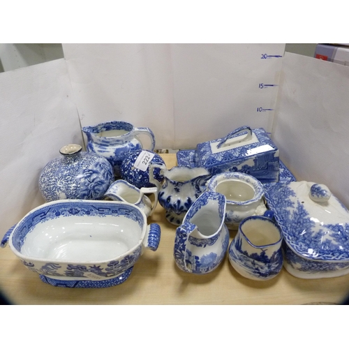 222 - Group of blue and white ceramics to include a Scottish carpet bowl, jug, butter dish, Copeland Spode... 