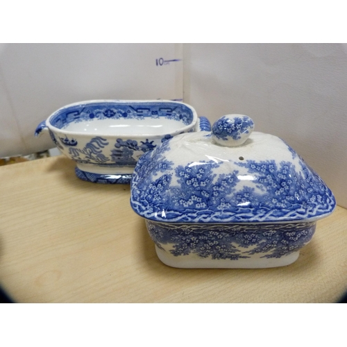 222 - Group of blue and white ceramics to include a Scottish carpet bowl, jug, butter dish, Copeland Spode... 