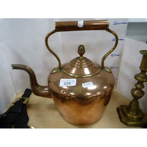 228 - Antique copper tea kettle, a pair of brass candlesticks, horse brasses, trivet and an EP tray.