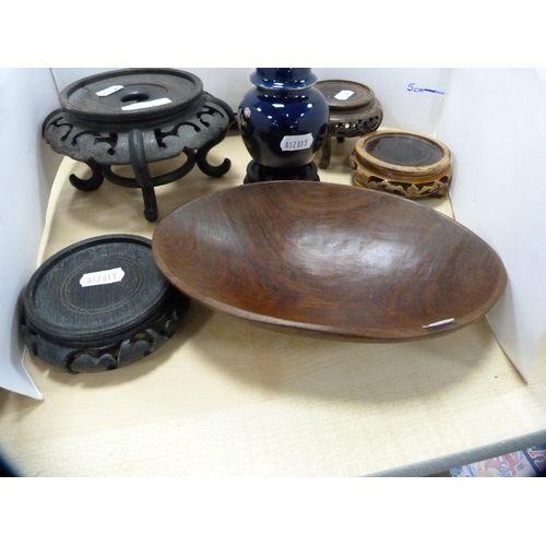 235 - Group of oriental hardwood vase stands, bowl and a modern Japanese vase and cover.