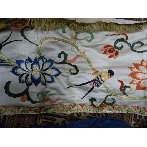 239 - Carton containing an Indian silk embroidered garment with gold tassels (a/f), linen etc.