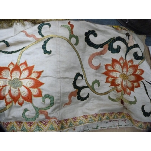 239 - Carton containing an Indian silk embroidered garment with gold tassels (a/f), linen etc.