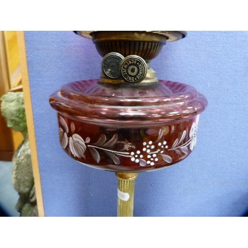 244 - Early 20th century Young oil lamp with brass column, cranberry glass reservoir and later  glass shad... 