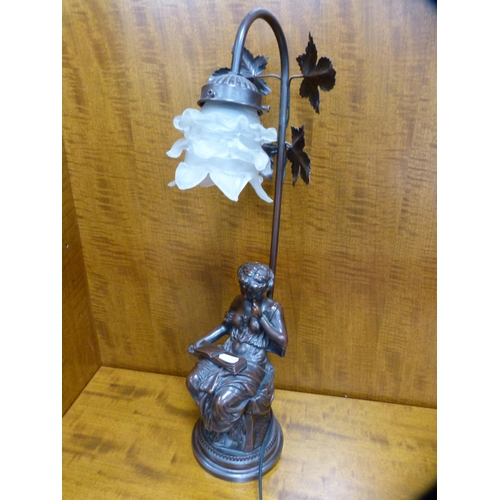 248 - French-style resin figural table lamp modelled as a maiden reading, with glass shade, a continental-... 