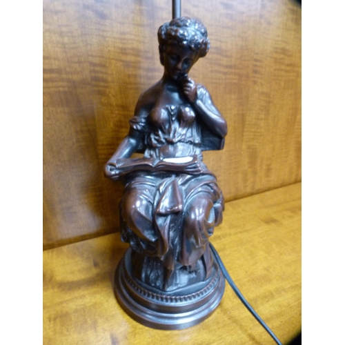 248 - French-style resin figural table lamp modelled as a maiden reading, with glass shade, a continental-... 