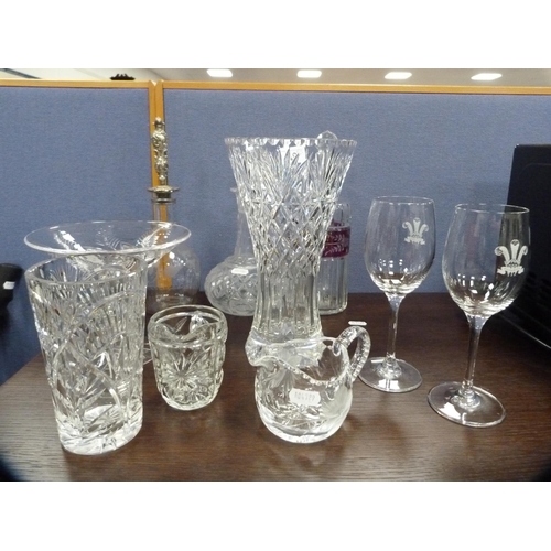 249 - Crystal and glass to include a Bohemian-style decanter and stopper, antique glass decanter with whit... 