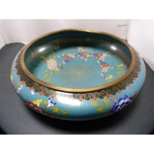 250 - Chinese cloisonné bowl on turquoise ground, 20th century, on an oriental hardwood stand.