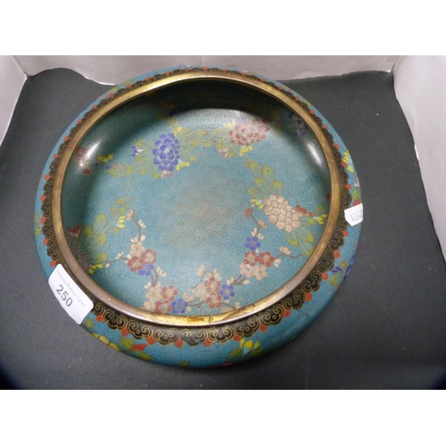 250 - Chinese cloisonné bowl on turquoise ground, 20th century, on an oriental hardwood stand.