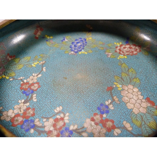 250 - Chinese cloisonné bowl on turquoise ground, 20th century, on an oriental hardwood stand.