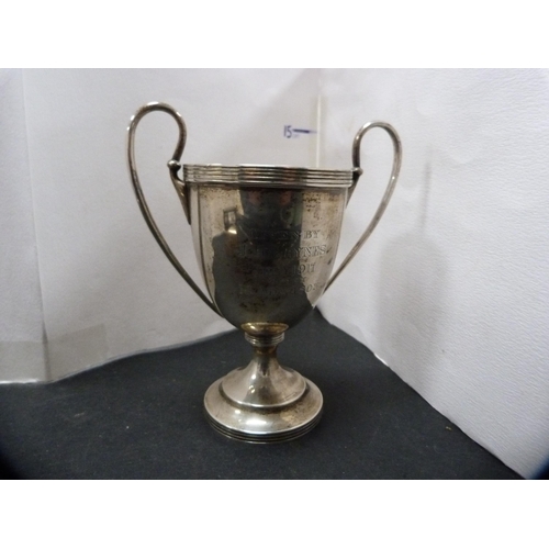 265 - Small silver twin-handled cup with cartouche, hallmarks for Birmingham, 182.7g.