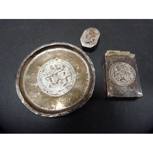 274 - Silver stand and a silver ashtray, 130g gross, also an unmarked white metal vesta sleeve, pin dish a... 