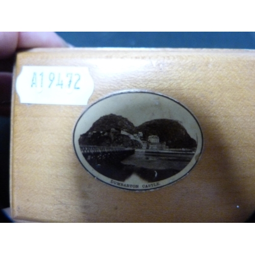 280 - Mauchline Ware box depicting Dumbarton Castle and stamp box depicting Alloway Old Kirk.  (2)