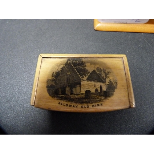 280 - Mauchline Ware box depicting Dumbarton Castle and stamp box depicting Alloway Old Kirk.  (2)