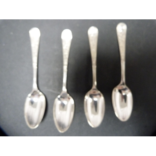 281 - Group of four similar coffee spoons, three monogrammed to the surmounts, and four EP spoons.  (... 