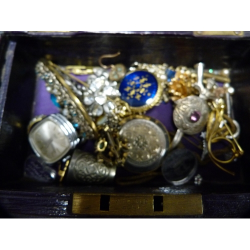 288 - Group of costume jewellery to include fob-style watch, brooch, thimble, Mortima 17 jewels antimagnet... 