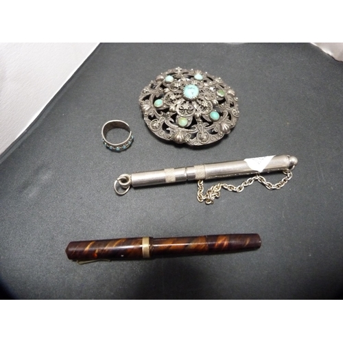 295 - Victorian white metal stone-set brooch, propelling pencil on chain attachment, later commemorative a... 