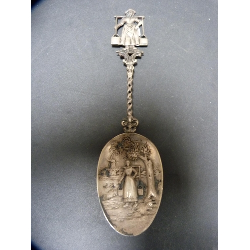 296 - Antique Dutch silver serving spoon, stamped HH, with a milkmaid surmount, and a propelling pencil.