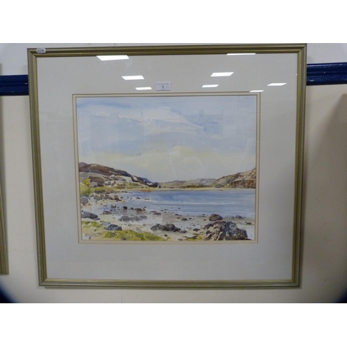 3 - RandallBeach scene with a mountainous landscapeWatercolour, and a seascape print by Bell.  (2)... 