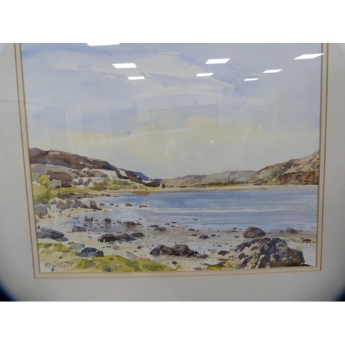 3 - RandallBeach scene with a mountainous landscapeWatercolour, and a seascape print by Bell.  (2)... 