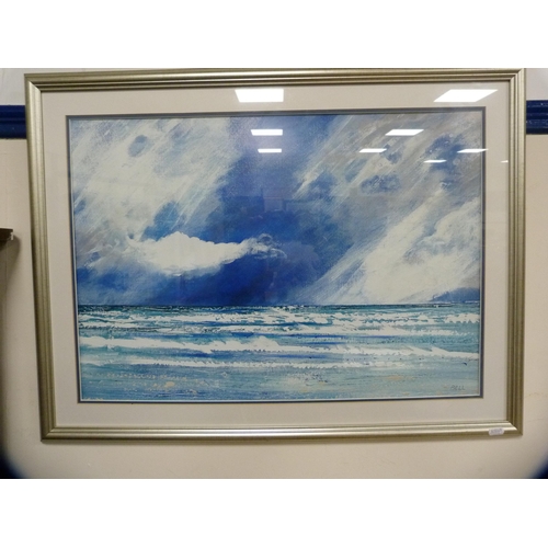 3 - RandallBeach scene with a mountainous landscapeWatercolour, and a seascape print by Bell.  (2)... 