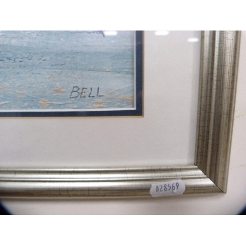 3 - RandallBeach scene with a mountainous landscapeWatercolour, and a seascape print by Bell.  (2)... 