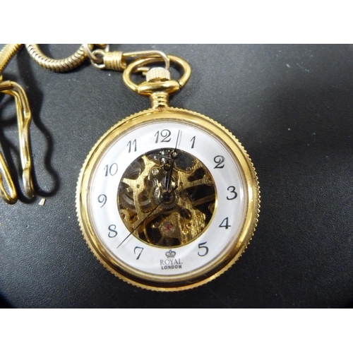 323 - Royal London skeleton pocket watch on chain.