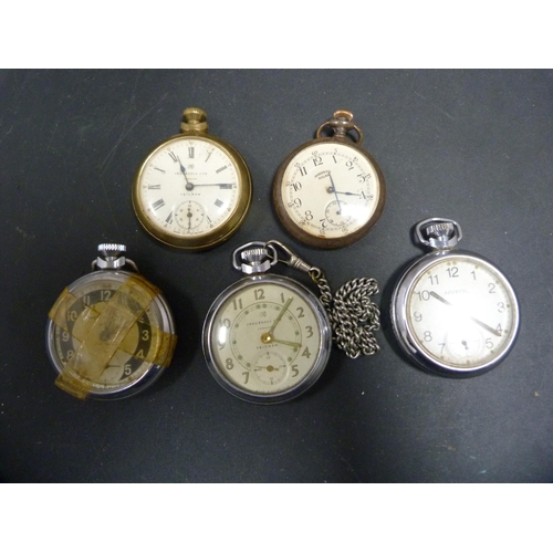 336 - Five Ingersoll pocket watches, one with albert-type chain.  (5)