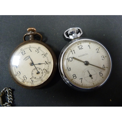 336 - Five Ingersoll pocket watches, one with albert-type chain.  (5)