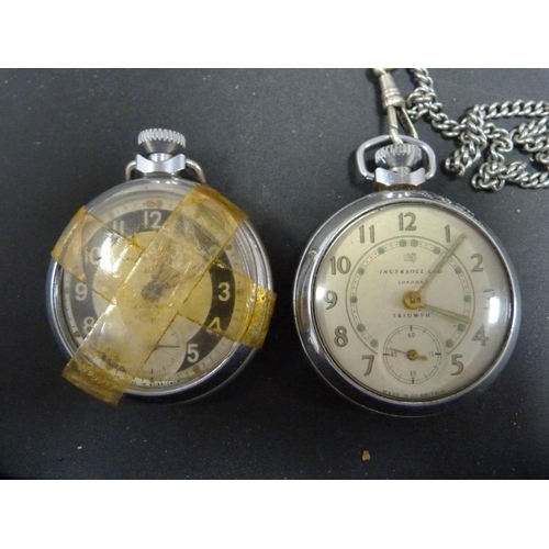 336 - Five Ingersoll pocket watches, one with albert-type chain.  (5)